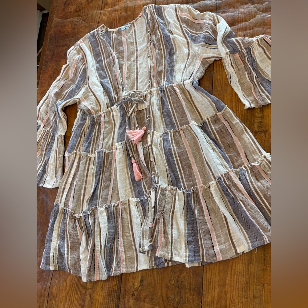 Blue Island Womens Striped Tiered Boho Tunic Swim Cover‎ Up Tassel Tie Brown Med